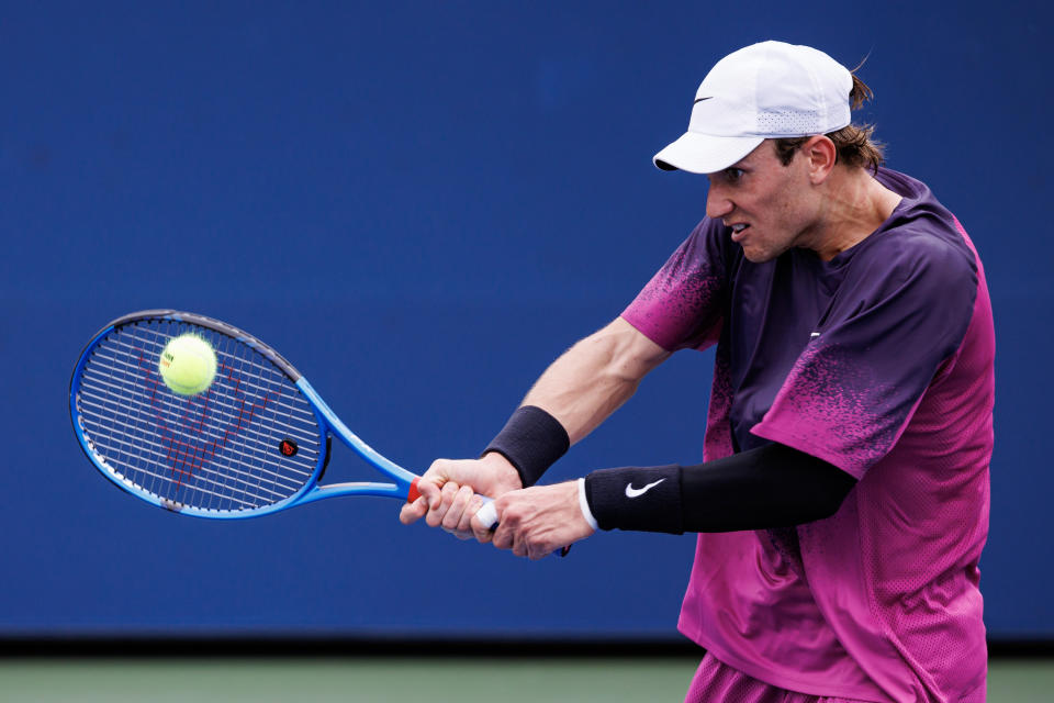 Aug 29, 2024; Flushing, NY, USA; Jack Draper of Great Britain in play against Botic van de Zandschulp of the Netherlands on day six of the 2024 U.S. Open tennis tournament at the USTA Billie Jean King National Tennis Center. Mandatory Credit: Mike Frey-USA TODAY Sports