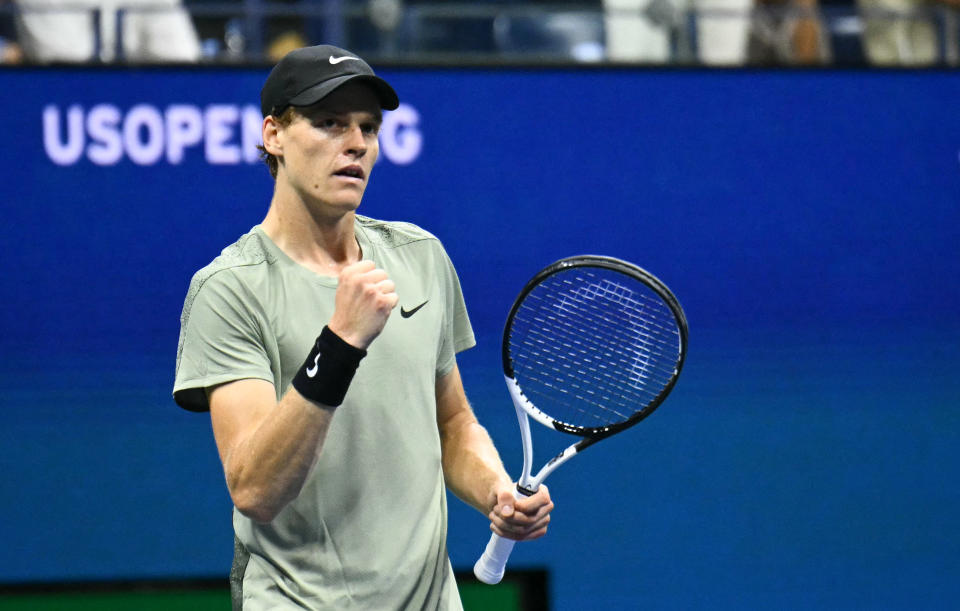 Italy's Jannik Sinner reacts as he defeated USA's Tommy Paul during their men's singles round of 16 match on day eight of the US Open tennis tournament at the USTA Billie Jean King National Tennis Center in New York City, on September 2, 2024. (Photo by ANGELA WEISS / AFP) (Photo by ANGELA WEISS/AFP via Getty Images)