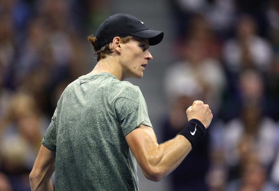 NEW YORK, NEW YORK - SEPTEMBER 02: Jannik Sinner of Italy reacts after winning the second set against Tommy Paul of the United States during their Men's Singles Fourth Round match on Day Eight of the 2024 US Open at USTA Billie Jean King National Tennis Center on September 02, 2024 in the Flushing neighborhood of the Queens borough of New York City. (Photo by Sarah Stier/Getty Images)