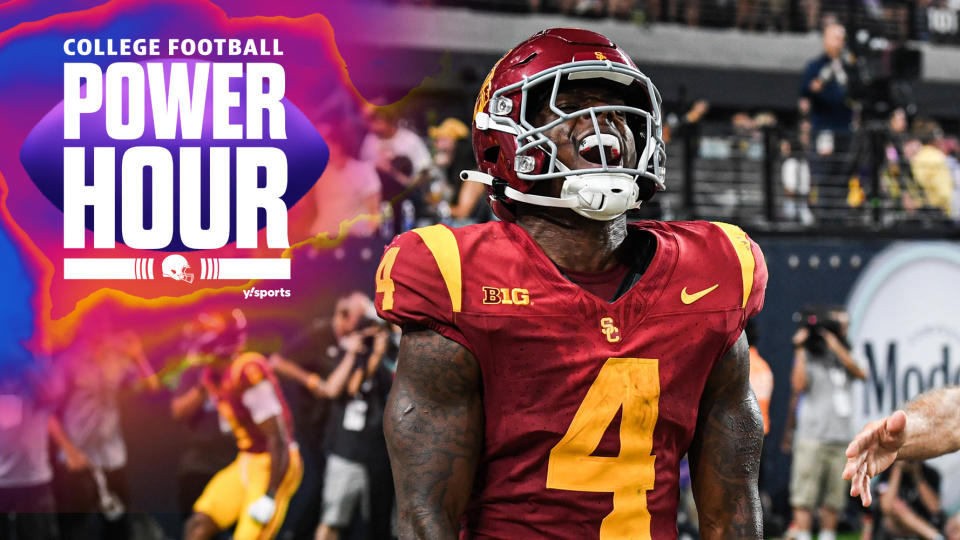 USC RB Woody Marks celebrates after USC's win vs LSU in the dying minutes of their Top-25 matchup in Las Vegas. (Photo by Candice Ward/Getty Images)