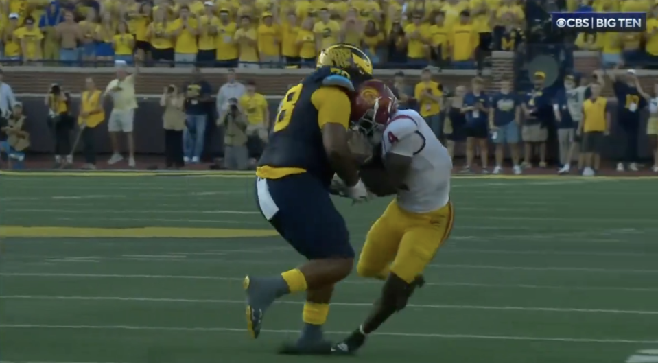 USC's Woody Marks just ripped the ball away from Michigan's Kenneth Grant. (via CBS)