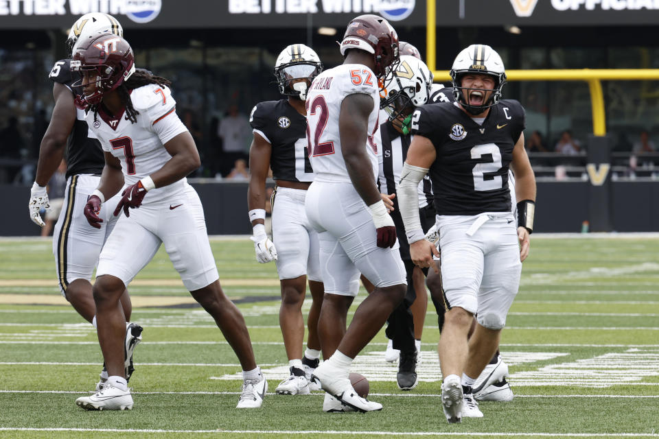 NASHVILLE, TN - AUGUST 31: Vanderbilt Commodores quarterback Diego Pavia (2) yells after making a first down during a game between the Vanderbilt Commodores and Virginia Tech Hokies, August 31, 2024 at FirstBank Stadium in Nashville, Tennessee. (Photo by Matthew Maxey/Icon Sportswire via Getty Images)