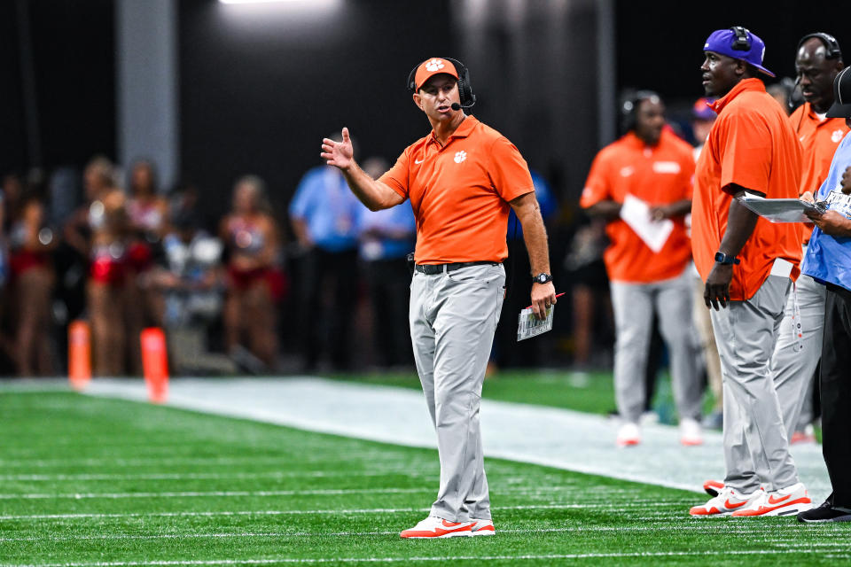 ATLANTA, GA AUGUST 31: Clemson head coach Dabo Swinney reacts during the Aflac Kickoff Game between the Clemson Tigers and the Georgia Bulldogs on August 31st, 2024 at Mercedes-Benz Stadium in Atlanta, GA. (Photo by Rich von Biberstein/Icon Sportswire via Getty Images)