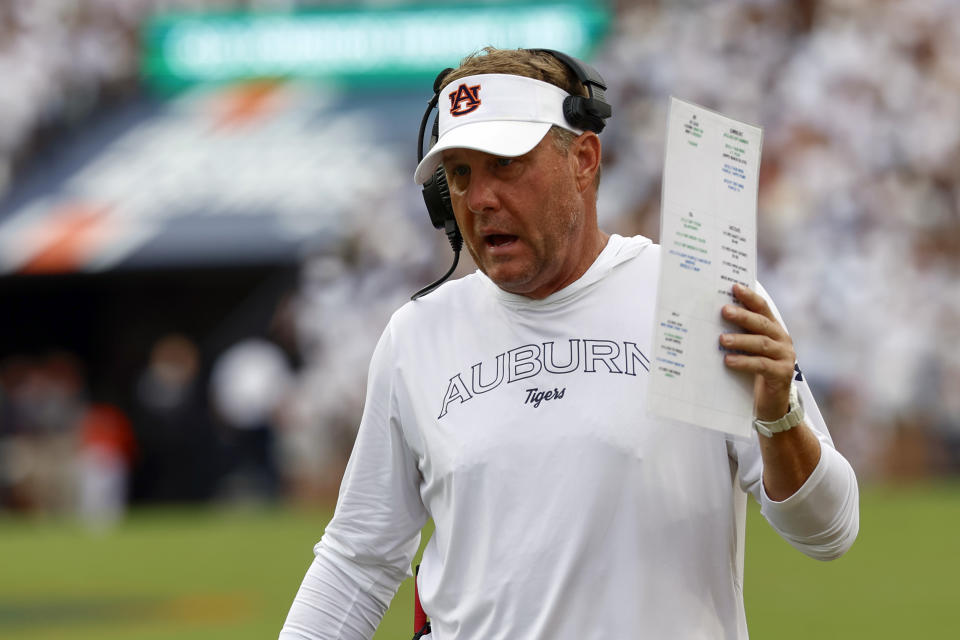 Auburn head coach Hugh Freeze reacts during the second half of an NCAA college football game against California, Saturday, Sept. 7, 2024, in Auburn, Ala. (AP Photo/Butch Dill)