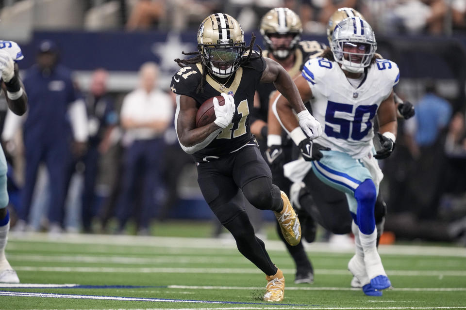 Saints running back Alvin Kamara had a monster game for fantasy managers with four touchdowns and 180 total yards in a rout of the Cowboys. (AP Photo/Tony Gutierrez)