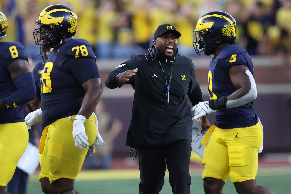 ANN ARBOR, MICHIGAN - AUGUST 31: Head coach Sherrone Moore of the Michigan Wolverines reacts to a third down sack while playing the Fresno State Bulldogs at Michigan Stadium on August 31, 2024 in Ann Arbor, Michigan. (Photo by Gregory Shamus/Getty Images)