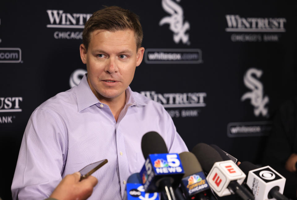 CHICAGO, ILLINOIS - SEPTEMBER 24: General Manager Chris Getz of the Chicago White Sox speaks to the media prior to the game against the Los Angeles Angels at Guaranteed Rate Field on September 24, 2024 in Chicago, Illinois. (Photo by Justin Casterline/Getty Images)