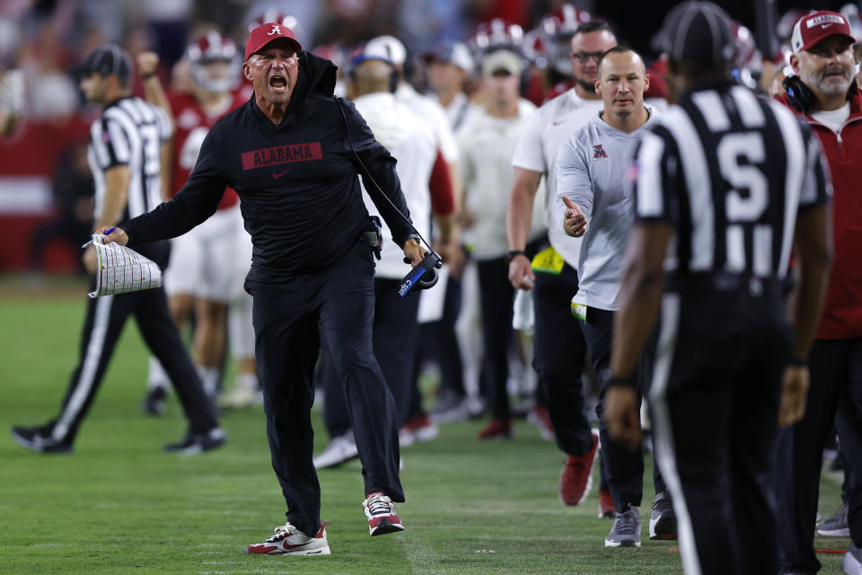 TUSCALOOSA, ALABAMA - SEPTEMBER 28: Head coach Kalen DeBoer of the Alabama Crimson Tide reacts during the second quarter against the Georgia Bulldogs at Bryant-Denny Stadium on September 28, 2024 in Tuscaloosa, Alabama. (Photo by Todd Kirkland/Getty Images)