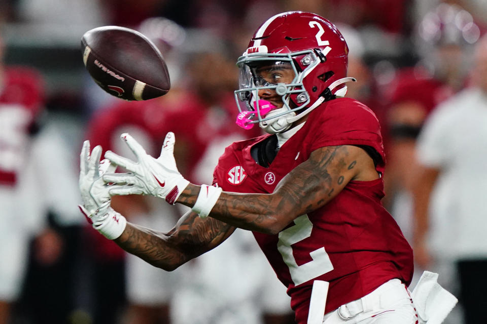 Sep 28, 2024; Tuscaloosa, Alabama, USA; Alabama Crimson Tide wide receiver Ryan Williams (2) reaches for a pass against the Georgia Bulldogs during the third quarter at Bryant-Denny Stadium. Mandatory Credit: John David Mercer-Imagn Images