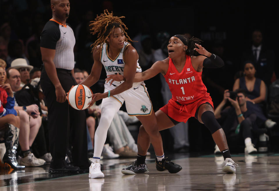 NEW YORK, NEW YORK - SEPTEMBER 19: Jaylyn Sherrod #0 of the New York Liberty plays against the New York Liberty at Barclays Center on September 19, 2024 in the Brooklyn borough of New York City. NOTE TO USER: User expressly acknowledges and agrees that, by downloading and or using this photograph, User is consenting to the terms and conditions of the Getty Images License Agreement. (Photo by Bruce Bennett/Getty Images)