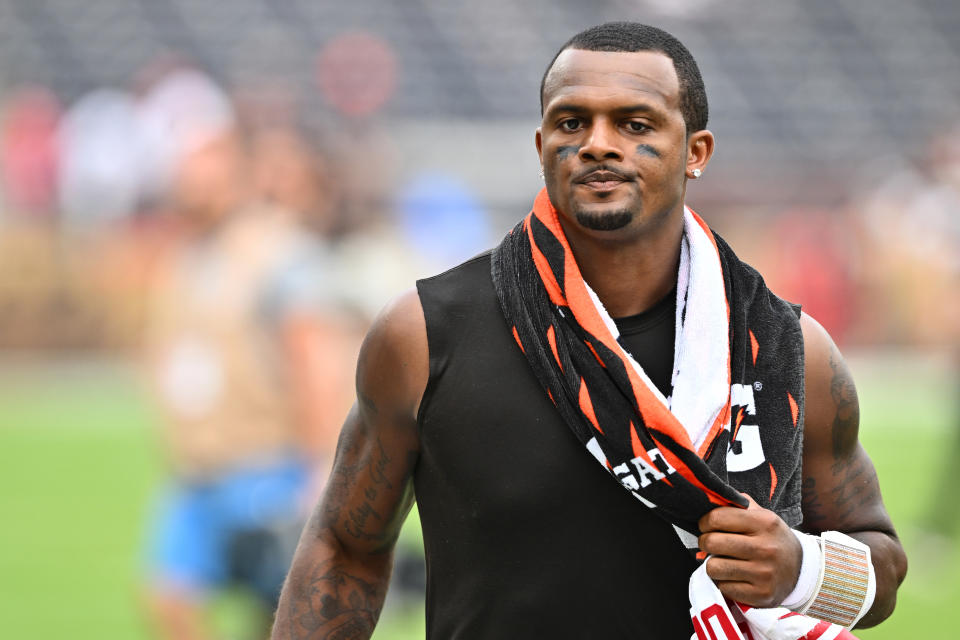 CLEVELAND, OHIO - SEPTEMBER 22: Quarterback Deshaun Watson #4 of the Cleveland Browns reacts after his team was defeated by the New York Giants at Cleveland Browns Stadium on September 22, 2024 in Cleveland, Ohio. (Photo by Jason Miller/Getty Images)