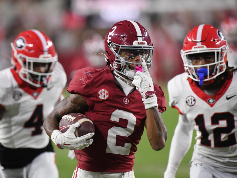 Alabama wide receiver Ryan Williams celebrates the go-ahead touchdown during the Crimson Tide's win over the Georgia Bulldogs on Saturday. (Jeffrey Vest/Icon Sportswire via Getty Images)