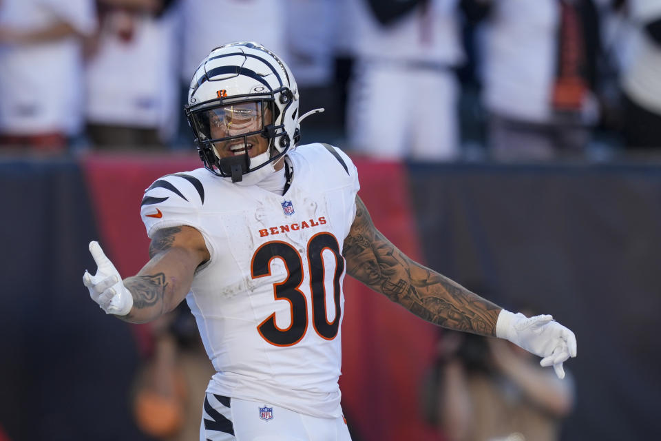 Cincinnati Bengals running back Chase Brown reacts after scoring a touchdown against the Philadelphia Eagles during the second half of an NFL football game, Sunday, Oct. 27, 2024 in Cincinnati. (AP Photo/Carolyn Kaster)