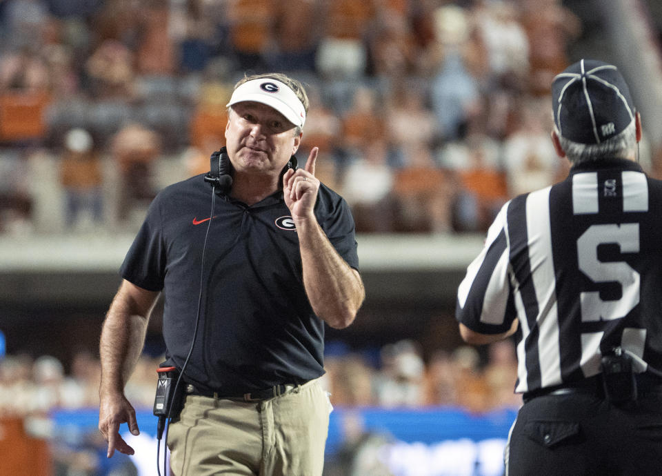 Georgia head coach shows his displeasure with an official during the second half an NCAA football game against Texas, Saturday, Oct. 19, 2024, in Austin, Texas. Georgia won 30-15. (AP Photo/Michael Thomas)