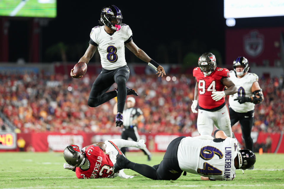 Lamar Jackson tied his own Ravens record with five touchdown passes on Monday. (Nathan Ray Seebeck-Imagn Images)