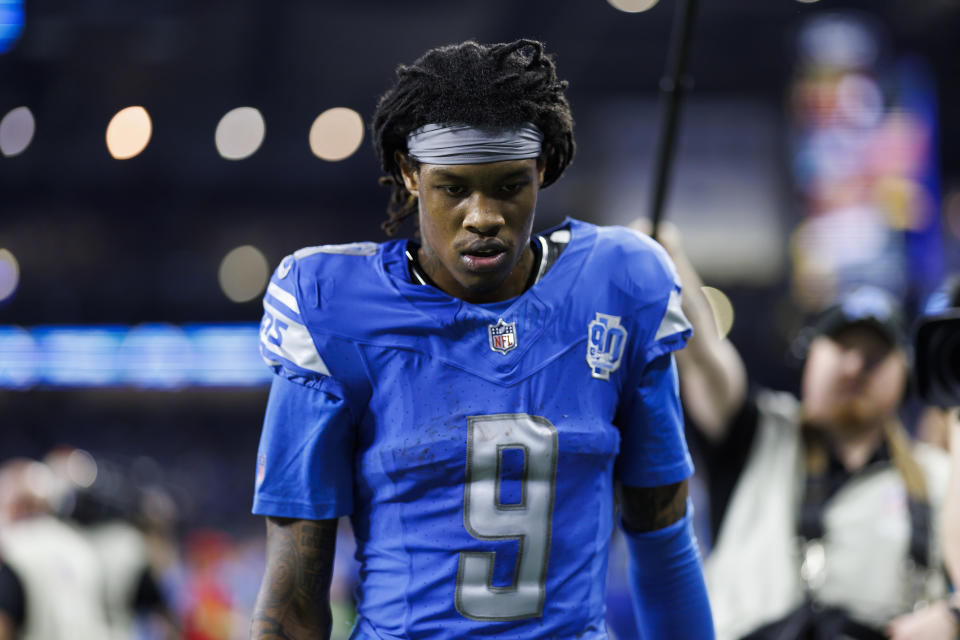 DETROIT, MICHIGAN - DECEMBER 16: Jameson Williams #9 of the Detroit Lions runs off the field during an NFL football game against the Denver Broncos at Ford Field on December 16, 2023 in Detroit, Michigan. (Photo by Ryan Kang/Getty Images)