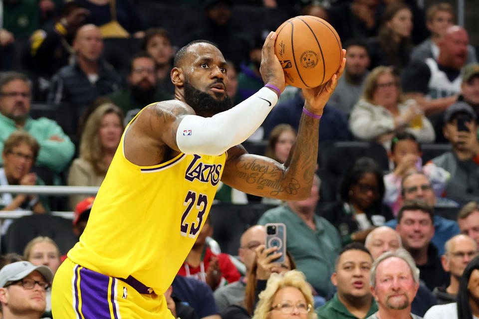 MILWAUKEE, WISCONSIN - OCTOBER 10: LeBron James #23 of the Los Angeles Lakers takes a shot during a preseason game against the Milwaukee Bucks at Fiserv Forum on October 10, 2024 in Milwaukee, Wisconsin. NOTE TO USER: User expressly acknowledges and agrees that, by downloading and or using this photograph, User is consenting to the terms and conditions of the Getty Images License Agreement. (Photo by Stacy Revere/Getty Images)