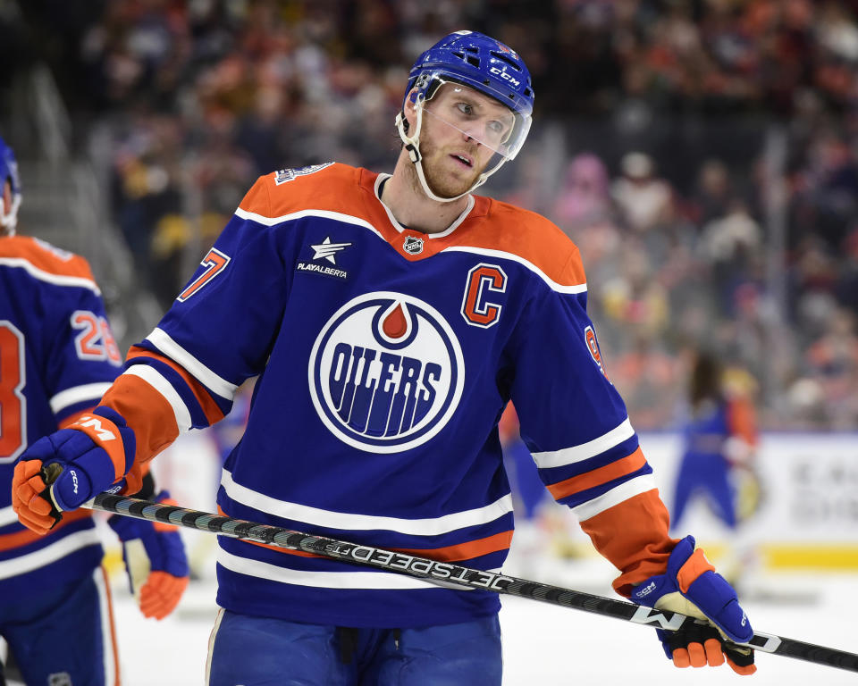 Connor McDavid #97 of the Edmonton Oilers skates while awaiting a faceoff during the game against the Pittsburgh Penguins at Rogers Place on October 25, 2024, in Edmonton, Alberta, Canada. (Photo by Leila Devlin/Getty Images)