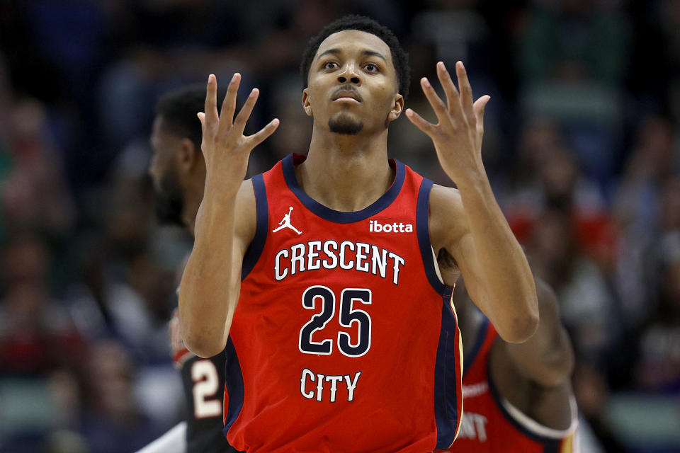 NEW ORLEANS, LOUISIANA - MARCH 16: New Orleans Pelicans guard Trey Murphy III #25 reacts after scoring a three point basket during the third quarter of an NBA game against the Portland Trail Blazers at Smoothie King Center on March 16, 2024 in New Orleans, Louisiana. NOTE TO USER: User expressly acknowledges and agrees that, by downloading and or using this photograph, User is consenting to the terms and conditions of the Getty Images License Agreement. (Photo by Sean Gardner/Getty Images)