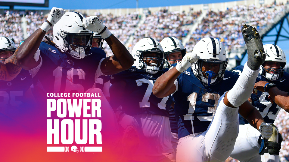 Penn State running back Kaytron Allen (13) does a kick celebration with offensive teammates after scoring a third quarter touchdown during the UCLA Bruins versus Penn State Nittany Lions game on October 5, 2024 at Beaver Stadium in University Park, PA. (Photo by Randy Litzinger/Icon Sportswire via Getty Images)