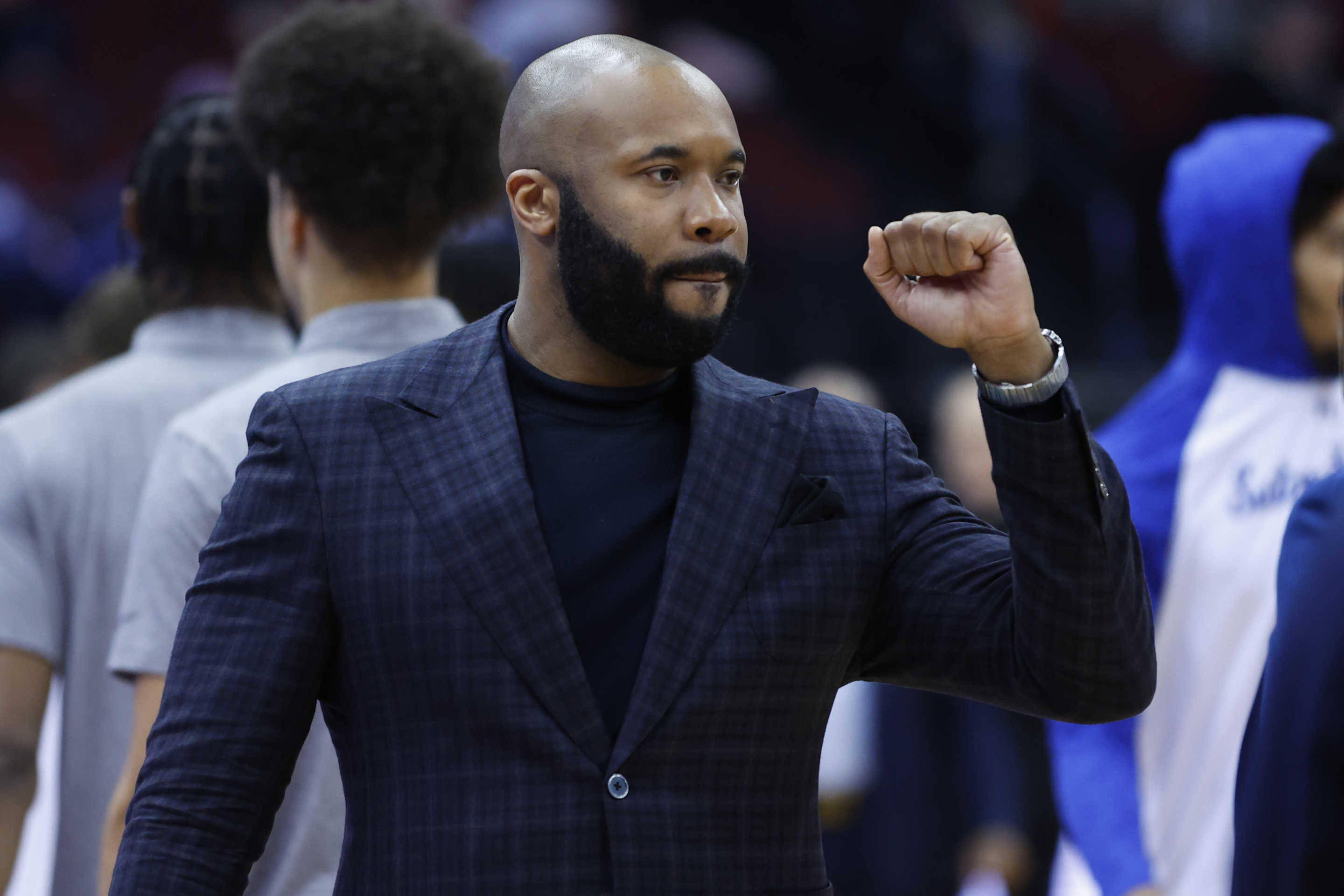 NEWARK, NEW JERSEY - MARCH 6: Head coach Kyle Neptune of the Villanova Wildcats before the start of a game against the Seton Hall Pirates at Prudential Center on March 6, 2024 in Newark, New Jersey. Seton Hall defeated Villanova 66-56. (Photo by Rich Schultz/Getty Images)