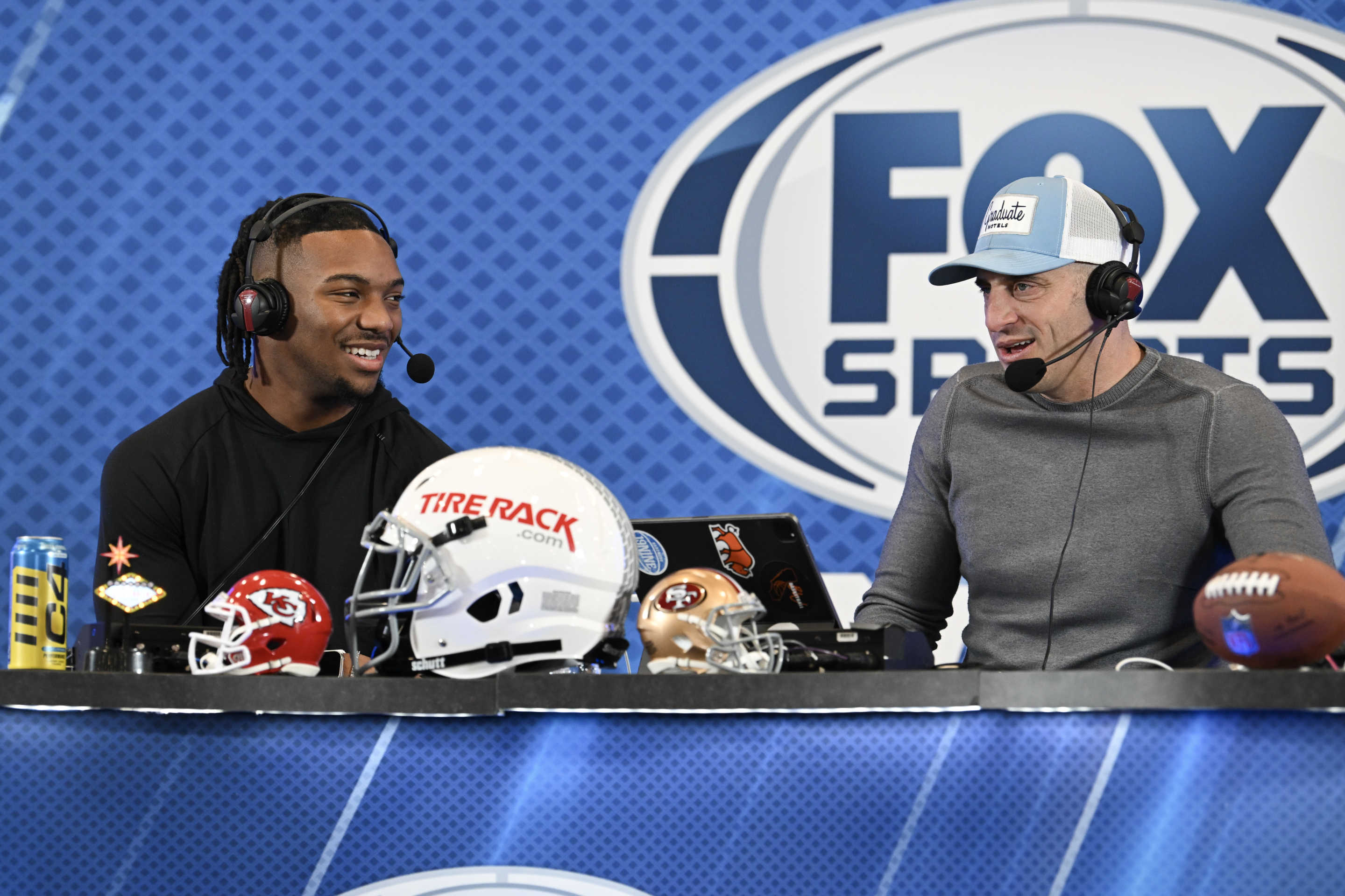 LAS VEGAS, NEVADA - FEBRUARY 09: Bijan Robinson is interviewed by Doug Gottlieb at Radio Row at the Mandalay Bay Convention Center ahead of Super Bowl LVIII on February 09, 2024 in Las Vegas, Nevada. (Photo by Candice Ward/Getty Images)