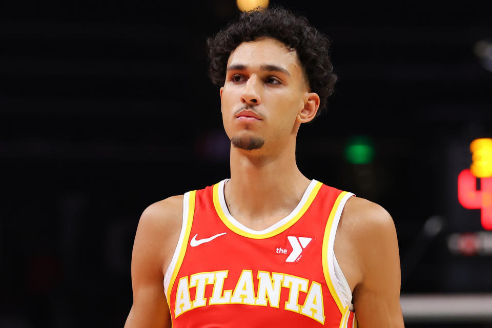 ATLANTA, GEORGIA - OCTOBER 23: Zaccharie Risacher #10 of the Atlanta Hawks enters the game against the Brooklyn Nets during the first quarter at State Farm Arena on October 23, 2024 in Atlanta, Georgia. NOTE TO USER: User expressly acknowledges and agrees that, by downloading and or using this photograph, User is consenting to the terms and conditions of the Getty Images License Agreement. (Photo by Kevin C. Cox/Getty Images)