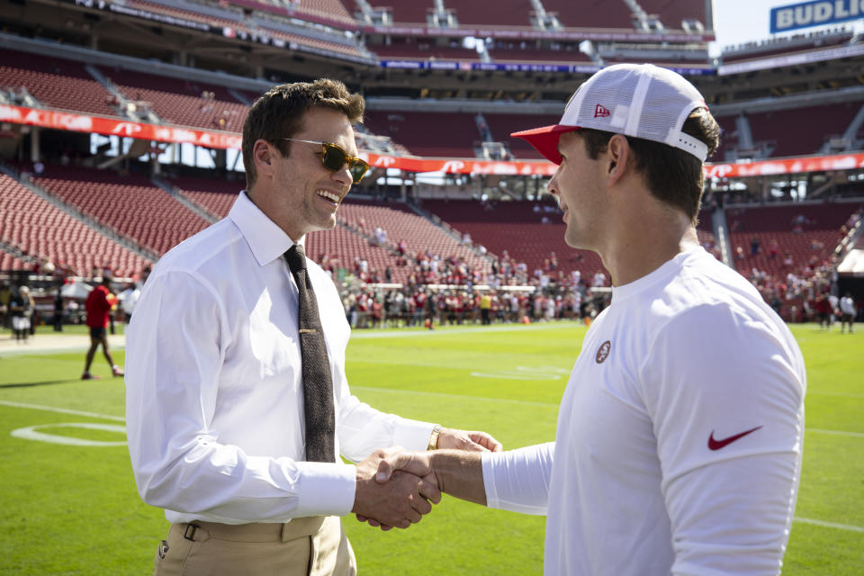 Tom Brady will need to be careful how close he gets to Brock Purdy and other players. (Michael Owens/Getty Images)