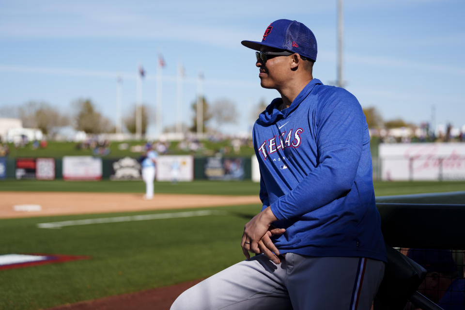 SURPRISE, AZ - FEBRUARY 24: Will Venable #83 of the Texas Rangers looks on during a game against the Kansas City Royals as part of the Spring Training at Surprise Stadium on February 24, 2023 in Surprise, Arizona. (Photo by Ben Ludeman/Texas Rangers/Getty Images)