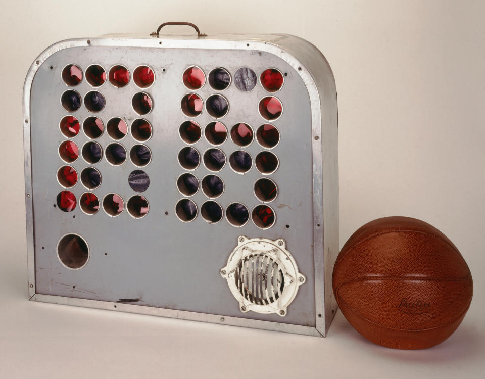 A vintage shot clock and ball. (Steven Freeman/NBAE via Getty Images)