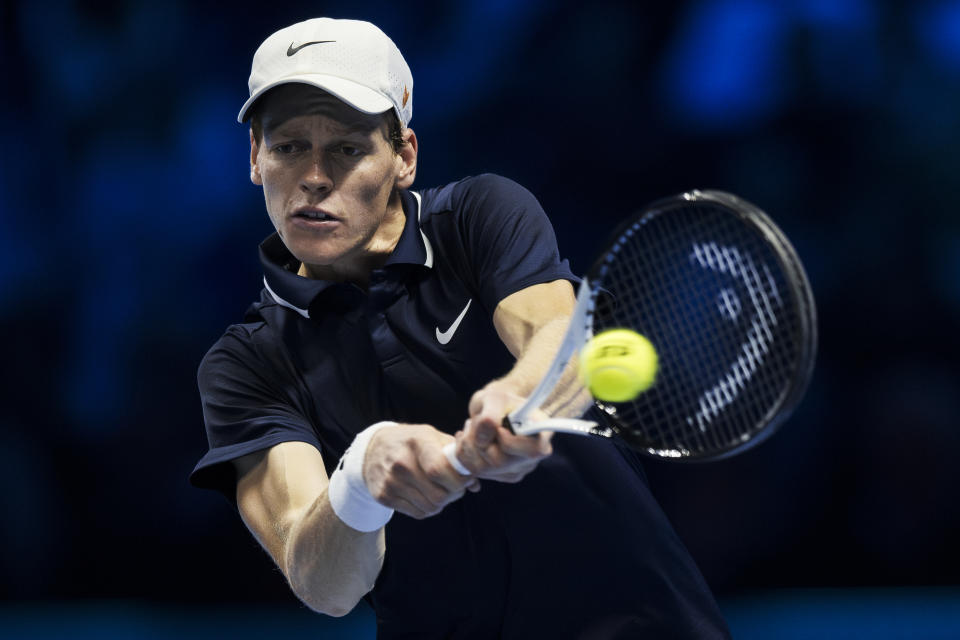 INALPI ARENA, TURIN, ITALY - 2024/11/17: Jannik Sinner of Italy plays a backhand during his final singles match against Taylor Fritz of USA during day eight of the Nitto ATP Finals. Jannik Sinner won the match 6-4, 6-4. (Photo by Nicolò Campo/LightRocket via Getty Images)