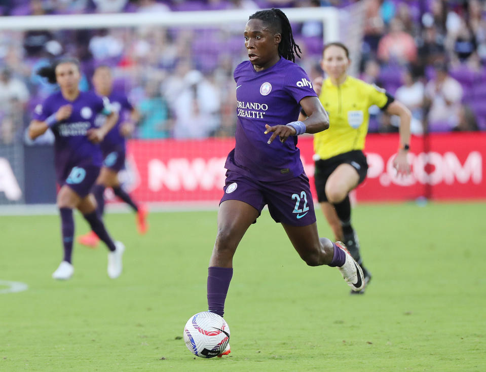 Orlando Pride player Barbra Banda moves the ball against the Kansas City Current during the NWSL soccer playoff match at Inter&Co Stadium in Orlando, Florida, on Sunday, Nov. 17, 2024. Orlando won the match 3-2 to advance to the championship match. (Stephen M. Dowell/Orlando Sentinel/Tribune News Service via Getty Images)