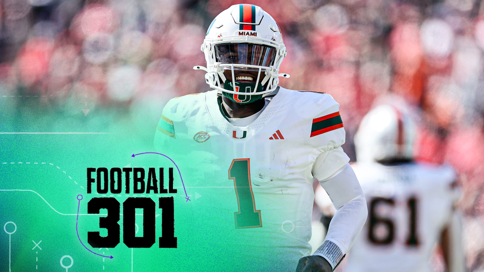 LOUISVILLE, KENTUCKY - OCTOBER 19: Cam Ward #1 of the Miami Hurricanes celebrates after throwing a touchdown pass against the Louisville Cardinals at Cardinal Stadium on October 19, 2024 in Louisville, Kentucky. (Photo by Andy Lyons/Getty Images)