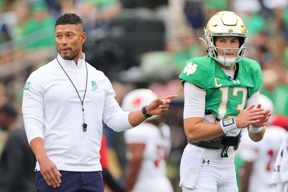 Coach Marcus Freeman and QB Riley Leonard have the Irish firmly in the CFP picture with three games left. (Michael Reaves/Getty Images)