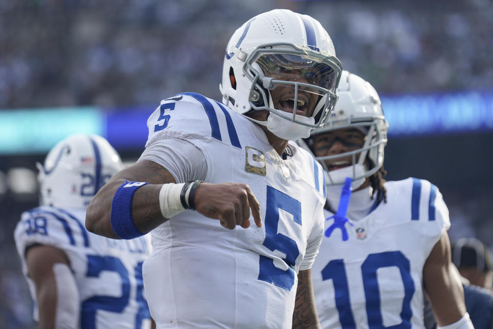 Indianapolis Colts quarterback Anthony Richardson (5) reacts after scoring a touchdown against the New York Jets during the second quarter of an NFL football game, Sunday, Nov. 17, 2024, in East Rutherford, N.J. (AP Photo/Seth Wenig)