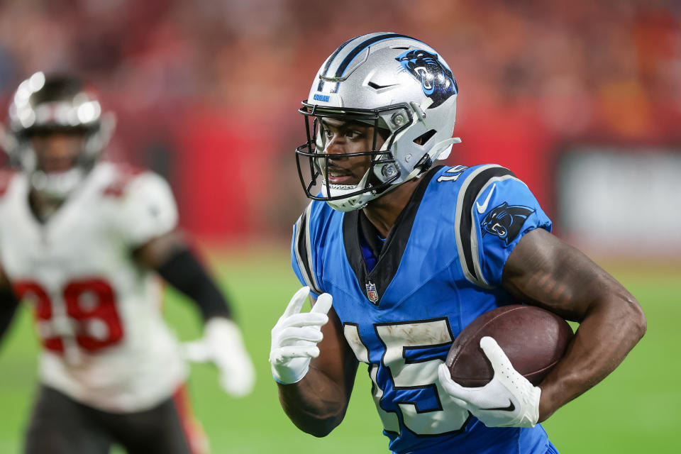 TAMPA, FLORIDA - DECEMBER 3: Jonathan Mingo #15 of the Carolina Panthers runs against the Tampa Bay Buccaneers at Raymond James Stadium on December 3, 2023 in Tampa, Florida. (Photo by Mike Carlson/Getty Images)