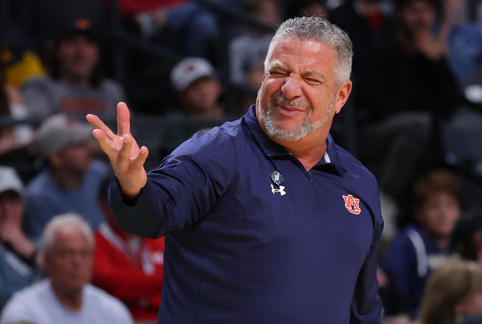 BIRMINGHAM, ALABAMA - MARCH 16: Head coach Bruce Pearl of the Auburn Tigers reacts during the first half against the Iowa Hawkeyes in the first round of the NCAA Men's Basketball Tournament at Legacy Arena at the BJCC on March 16, 2023 in Birmingham, Alabama. (Photo by Kevin C. Cox/Getty Images)