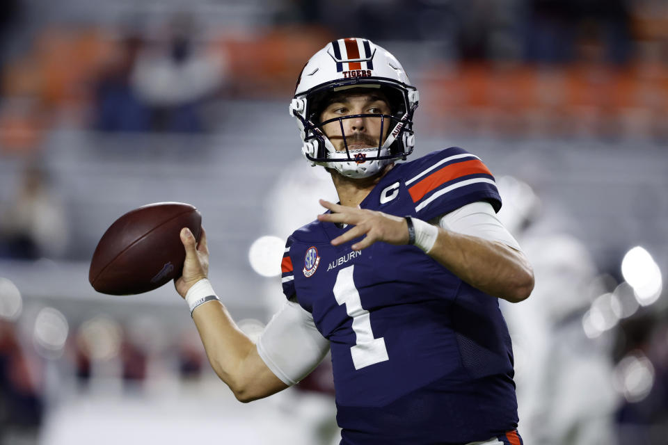 Auburn quarterback Payton Thorne warms up before an NCAA college football game against Texas A&M, Saturday, Nov. 23, 2024, in Auburn, Ala. (AP Photo/Butch Dill)