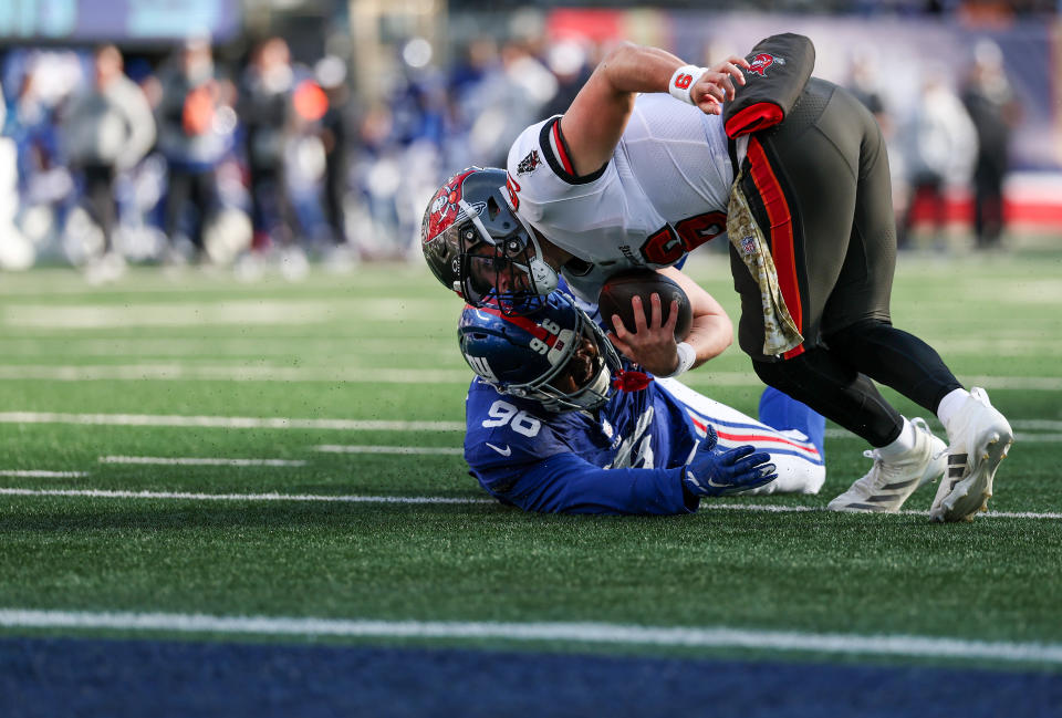 Baker Mayfield saved a potential Bucs turnover with a fumble recovery near the goal line. (Elsa/Getty Images)