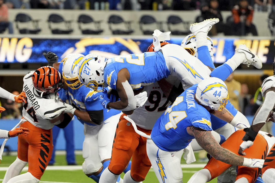 Los Angeles Chargers running back J.K. Dobbins (27) leaps into the end zone to score a rushing touchdown during the first half of an NFL football game against the Cincinnati Bengals, Sunday, Nov. 17, 2024, in Inglewood, Calif. (AP Photo/Gregory Bull)