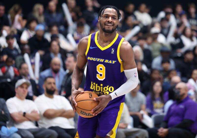 El Segundo, California November 9, 2024-South Bay Lakers Bronny James smiles.