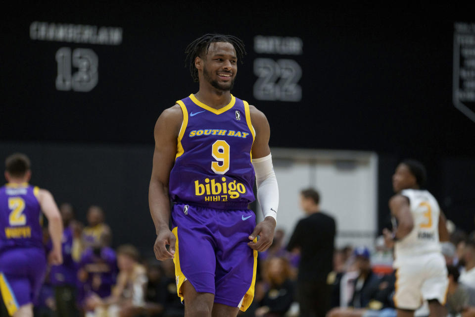 South Bay Lakers guard Bronny James (9) walks on the court during the first half of an NBA G League basketball game against the Salt Lake City Stars Saturday, Nov. 9, 2024, in El Segundo, Calif. (AP Photo/Eric Thayer)