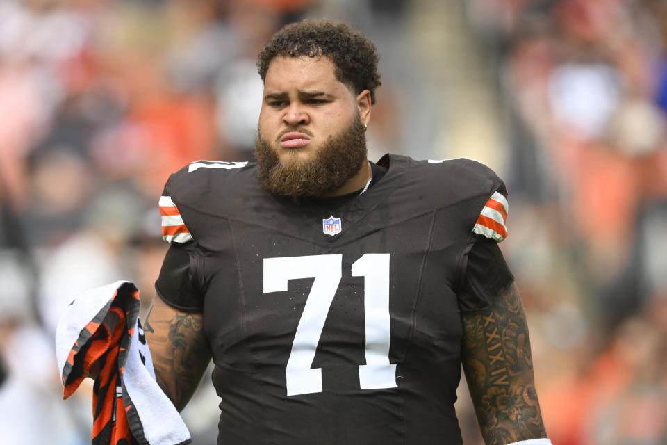 FILE -Cleveland Browns offensive tackle Jedrick Wills Jr. (71) prepares for an NFL football game against the New York Giants, Sunday, Sept. 22, 2024 in Cleveland. (AP Photo/David Richard, FIle)