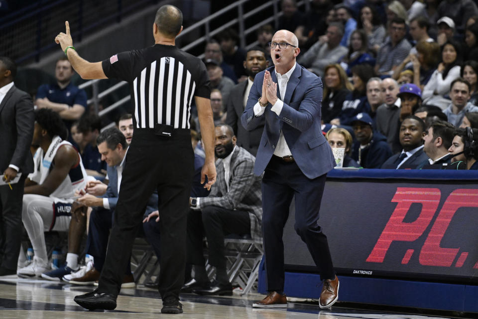 UConn head coach Dan Hurley reacts toward an official in the first half of an NCAA college basketball game against East Texas A&M, Tuesday, Nov. 19, 2024, in Storrs, Conn. (AP Photo/Jessica Hill)