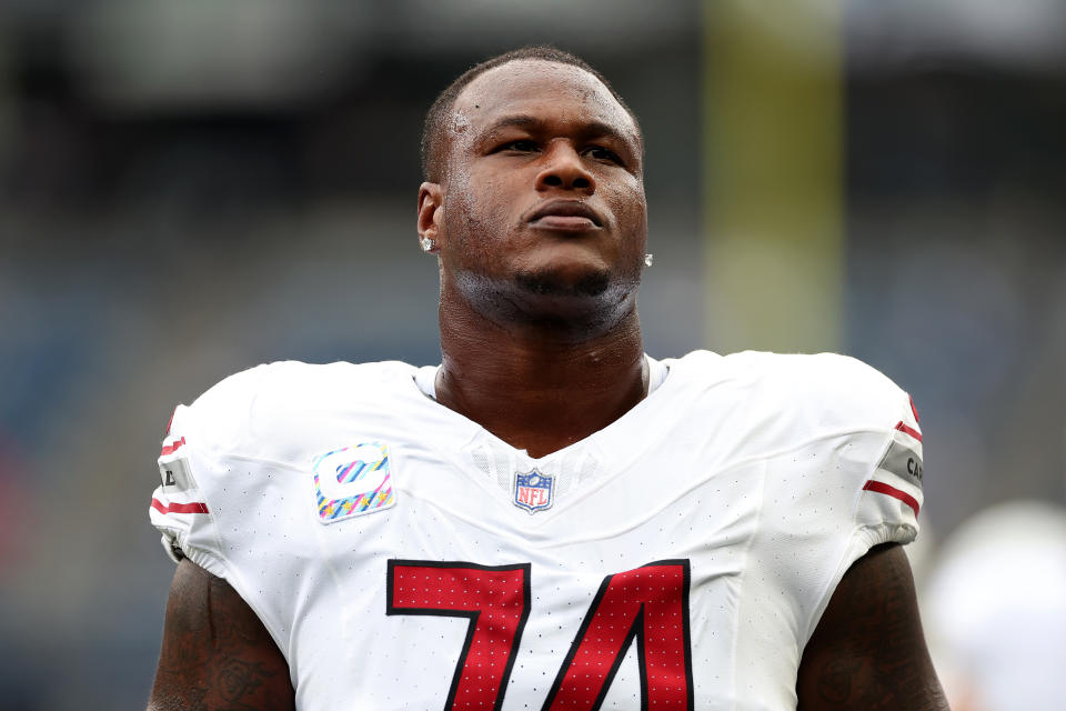 SEATTLE, WASHINGTON - OCTOBER 22: D.J. Humphries #74 of the Arizona Cardinals looks on before the game against the Seattle Seahawks at Lumen Field on October 22, 2023 in Seattle, Washington. (Photo by Steph Chambers/Getty Images)