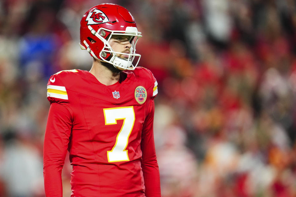 KANSAS CITY, MO - NOVEMBER 04: Harrison Butker #7 of the Kansas City Chiefs celebrates during an NFL football game against the Tampa Bay Buccaneers at GEHA Field at Arrowhead Stadium on November 4, 2024 in Kansas City, Missouri. (Photo by Cooper Neill/Getty Images)