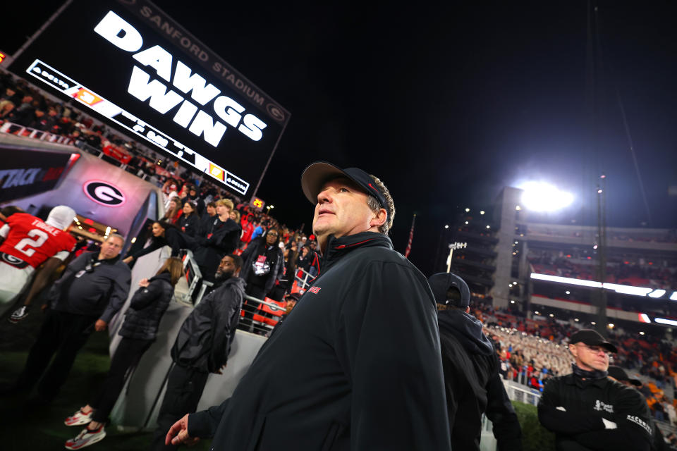 ATHENS, GEORGIA - NOVEMBER 16: Head coach Kirby Smart of the Georgia Bulldogs walks to the locker room after defeating the Tennessee Volunteers 31-17 at Sanford Stadium on November 16, 2024 in Athens, Georgia. (Photo by Kevin C. Cox/Getty Images)