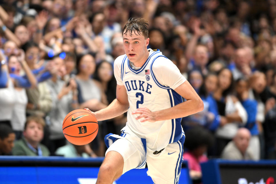 Nov 4, 2024; Durham, North Carolina, USA; Duke Blue Devils guard Cooper Flagg (2) brings the ball down court against the Maine Black Bears at Cameron Indoor Stadium during the second half. Mandatory Credit: Zachary Taft-Imagn Images