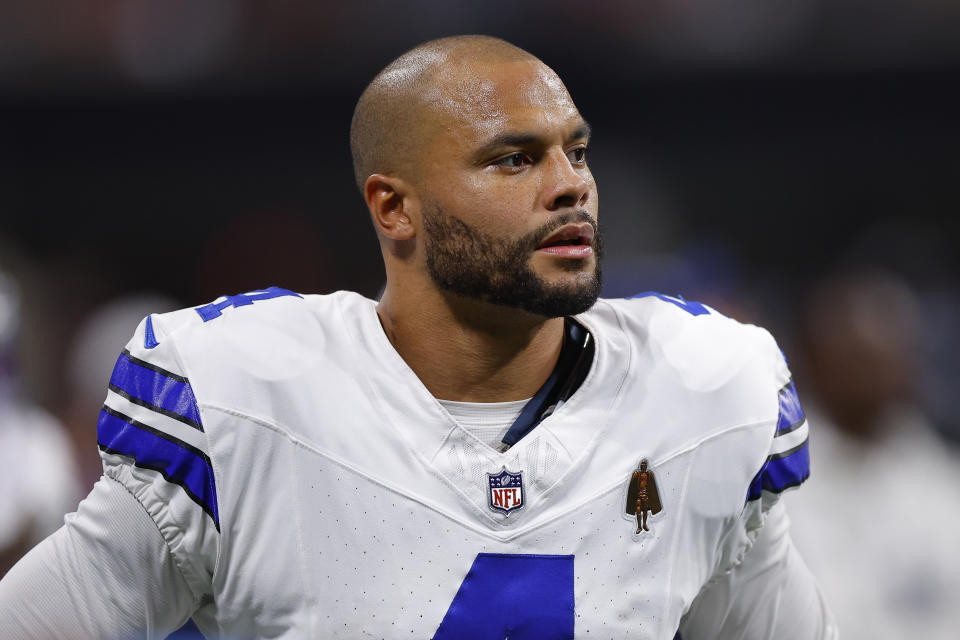 ATLANTA, GEORGIA - NOVEMBER 3: Dak Prescott #4 of the Dallas Cowboys looks on during the third quarter against the Atlanta Falcons at Mercedes-Benz Stadium on November 3, 2024 in Atlanta, Georgia. (Photo by Todd Kirkland/Getty Images)