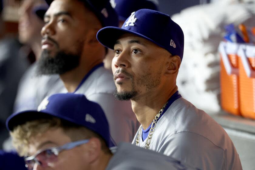 LOS ANGELES, CA - OCTOBER 28, 2024: Los Angeles Dodgers shortstop Mookie Betts (50) in the dugout prior to the game. Game 3 of the World Series against the Yankees at Yankees Stadium in New York City Monday, October 28 2024. (Robert Gauthier/Los Angeles Times)